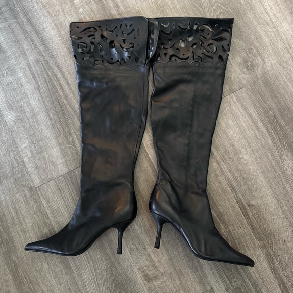 Colin Stuart Leather Over the Knee Stiletto Boots with Lace Cutout - Picture 2 of 6